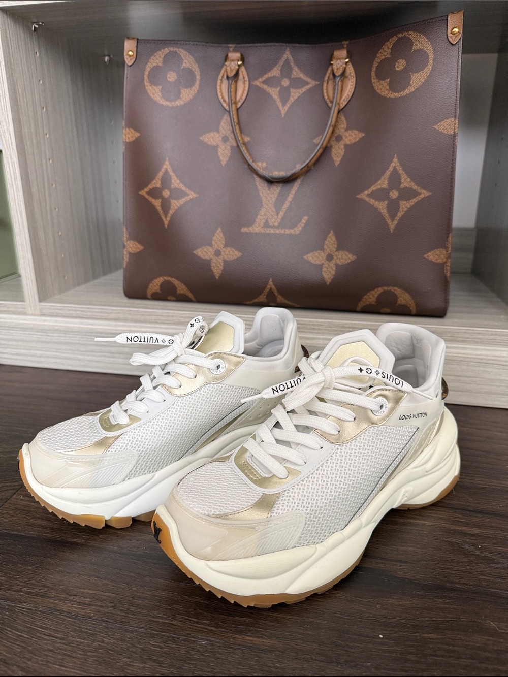 Louis Vuitton White & Gold-Tone Mesh Platform Sneakers